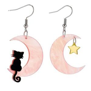 NWOT Acrylic Black Cat in a Moon with Star Earrings